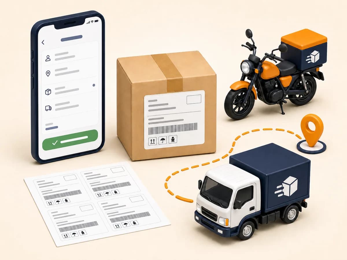 Pedido organizado desde el celular para envío en moto o agencia, con paquete y rótulos listos